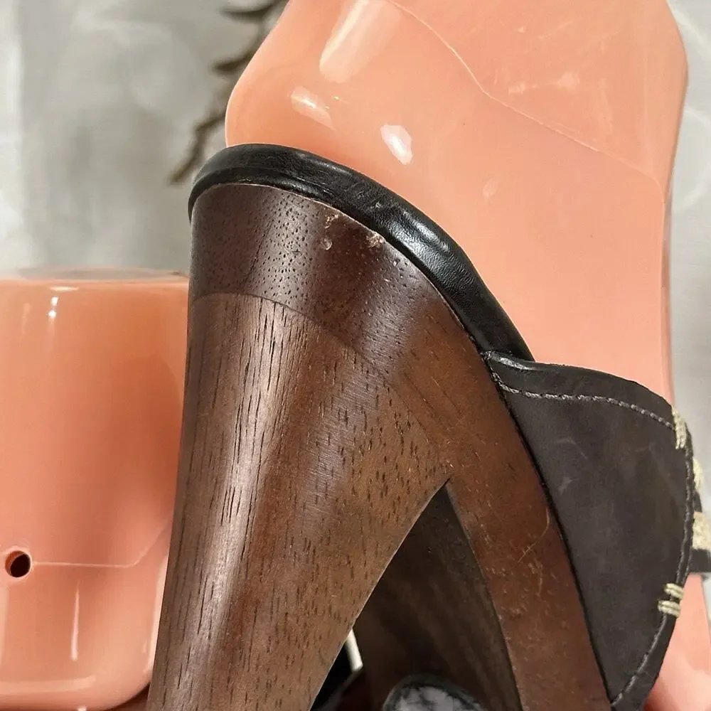 Cole Haan Brown Leather Raffia Woven Straps Wooden Platform Block‎ Heel Sandals